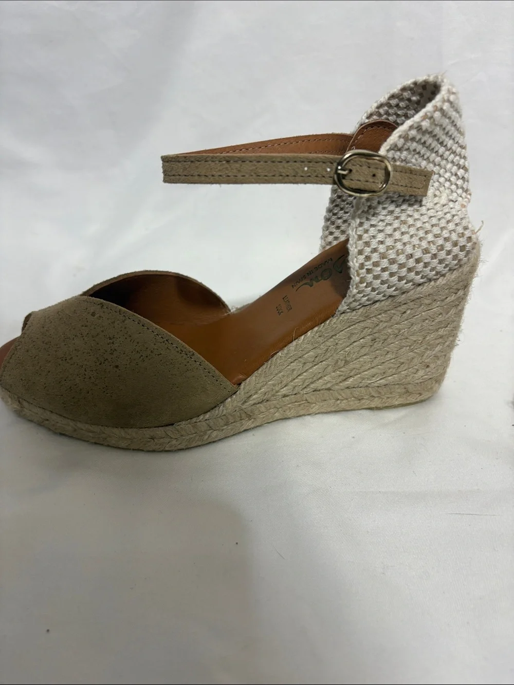 Neutral Taupe and Cream Wedge Sandals with Ankle Strap